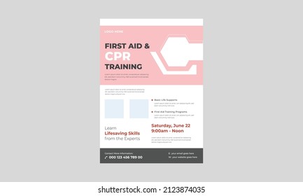 CPR training and first aid medical flyer, First aid training service promotion poster leaflet template. CPR training flyer template.