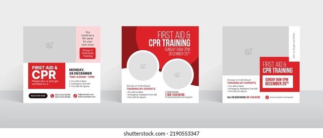 CPR training social media post and web banner templates. Course admission social media banner and stories design layout