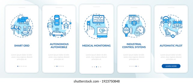 CPS application onboarding mobile app page screen with concepts. Smart grid, medical monitoring walkthrough 5 steps graphic instructions. UI vector template with RGB color illustrations