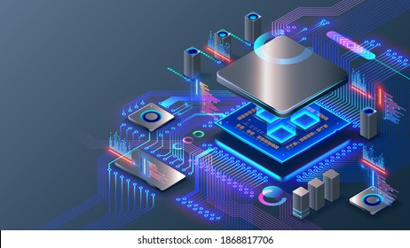 CPU. Abstract digital chip computer processor and electronic components on motherboard or circuit board. Technology develop electronic devices on microchip or microprocessor, hardware engineering. AI.