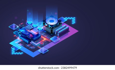 CPU. Abstract digital chip computer processor and electronic components on motherboard or circuit board. Technology develop electronic devices on microchip or microprocessor, hardware engineering. AI.