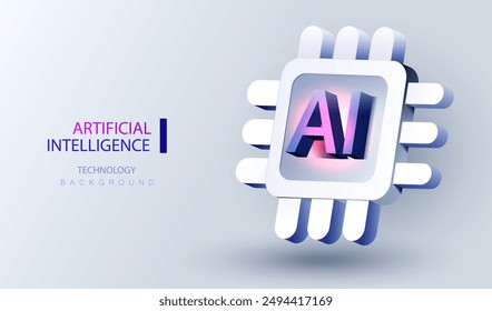 CPU ai banner. Futuristic 3d cartoon microchip processor background. Quantum computer database concept. Central Computer Processors CPU design. Digital artificial intelligence chip vector.