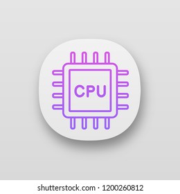 CPU app icon. UI/UX user interface. Electronic microchip, chipset, chip. Central processing unit. Computer, phone processor. Integrated circuit. Web or mobile application. Vector isolated illustration
