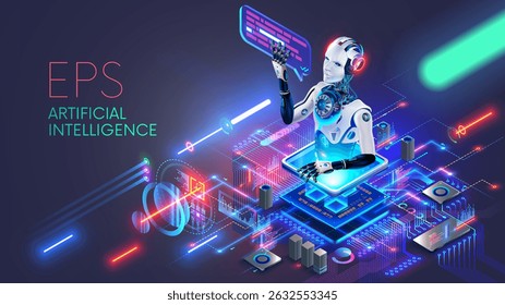 CPU with artificial intelligence. Chatbot looks out of AI chip on motherboard, answers questions. A robot or cyborg with bubble over an AI processor. An electronic chip with artificial intelligence.