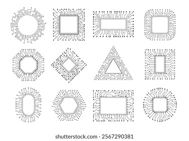 Cpu borders. Electronic chip stylized frames recent vector template of different shapes with micro scheme designs