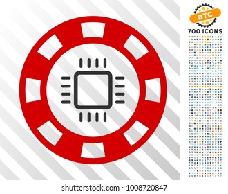 Cpu Casino Chip icon with 7 hundred bonus bitcoin mining and blockchain pictographs. Vector illustration style is flat iconic symbols designed for crypto-currency apps.