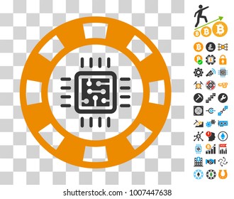 Cpu Casino Chip icon with bonus bitcoin mining and blockchain pictures. Vector illustration style is flat iconic symbols. Designed for crypto-currency software.