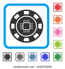 Cpu Casino Chip icon. Flat gray pictogram symbol inside a blue rounded rectangular frame. Black, grey, green, blue, red, orange color versions of cpu casino chip vector.