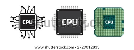 CPU central processing unit processor chip icon set, computer microprocessor and circuit vector illustration.