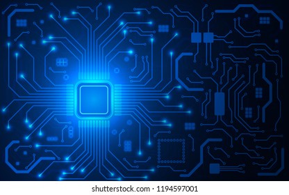 CPU chip and circuit board. Blue microprocessor background. Computer motherboard. Bright connections. Abstract light technological backdrop. Trendy vector illustration.