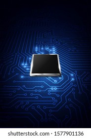 CPU chip and circuit board. Blue microprocessor background. 