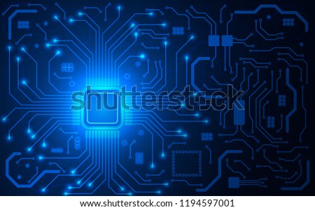 CPU chip and circuit board. Blue microprocessor background. Computer motherboard. Bright connections. Abstract light technological backdrop. Trendy vector illustration.