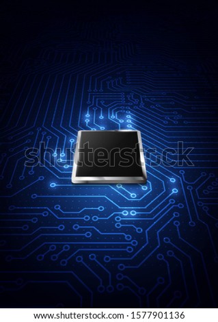 CPU chip and circuit board. Blue microprocessor background. 