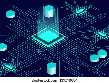 CPU Chip And Circuit Board Isometric. Blue Microprocessor Background