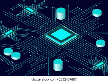 CPU Chip And Circuit Board Isometric. Blue Microprocessor Background