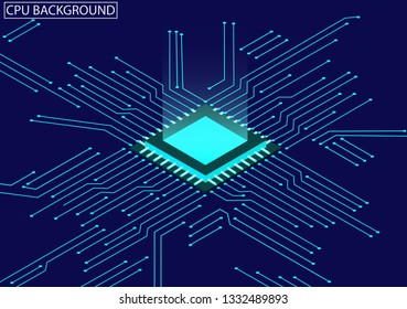 CPU Chip And Circuit Board Isometric. Blue Microprocessor Background