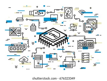 CPU chip and computer components vector illustration. Hardware elements (usb card, cpu chip, keyboard, ram memory, hdd, processor, etc) line art. Computer system configuration graphic design.