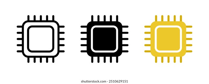 CPU chip icon. Central processor symbol. Chipset core vector illustration. Microchip sign. Computer hardware electronic pictogram. Microprocessor scheme isolated concept. Digital AI tech system logo.