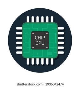 Cpu chip. Icon of microchip. Semiconductor icon. Processor of computer. Illustration for technology, hardware and memory. Electronic microprocessor with data. Motherboard for device. Vector.