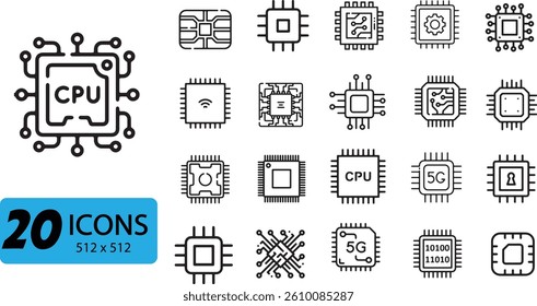 CPU and Chip Icon Set: 20 Outline Vector Illustrations