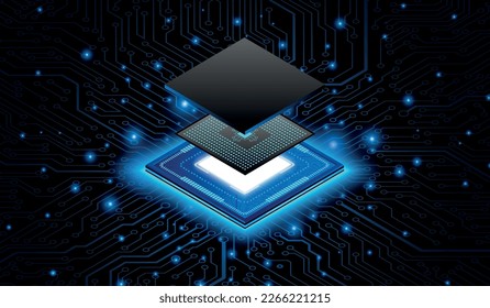 CPU Chip on Motherboard. 3D closeup of cpu. Central Computer Processors CPU concept. Quantum computer, large data processing, database concept. Futuristic microchip processor. Digital chip.