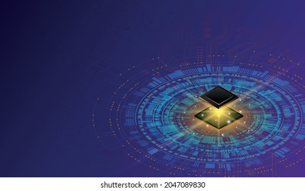 CPU-Chip auf der Hauptplatine - abstrakte 3D-Wiedergabe eines Computerprozessorchips auf einer Leiterplatte mit Mikrochips und anderen Computerteilen