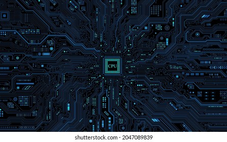 CPU Chip on Motherboard - abstract 3D render of a computer processor chip on a circuit board with microchips and other computer parts