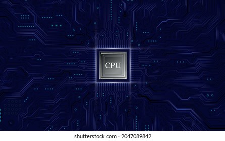 CPU Chip on Motherboard - abstract 3D render of a computer processor chip on a circuit board with microchips and other computer parts