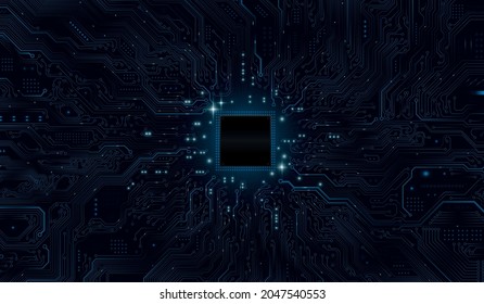 CPU Chip on Motherboard - abstract 3D render of a computer processor chip on a circuit board with microchips and other computer parts