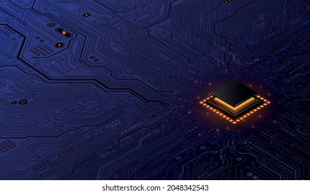 CPU Chip On Motherboard - Abstract 3D Render Of A Computer Processor Chip On A Circuit Board With Microchips And Other Computer Parts