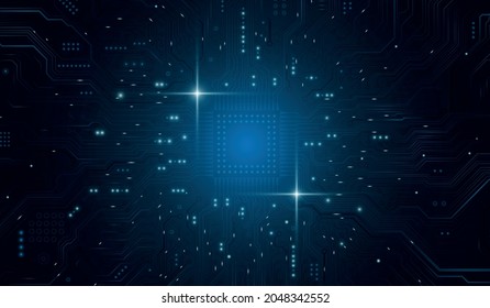 CPU Chip on Motherboard - abstract 3D render of a computer processor chip on a circuit board with microchips and other computer parts