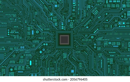 CPU Chip on Motherboard - abstract 3D render of a computer processor chip on a circuit board with microchips and other computer parts