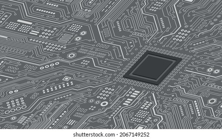 CPU Chip on Motherboard - abstract 3D render of a computer processor chip on a circuit board with microchips and other computer parts