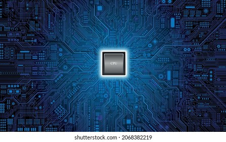 CPU Chip on Motherboard - abstract 3D render of a computer processor chip on a circuit board with microchips and other computer parts