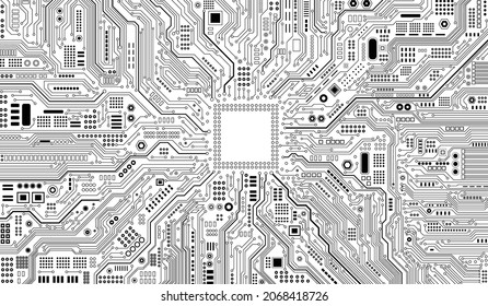 CPU Chip on Motherboard - abstract 2D render of a computer processor chip on a circuit board with microchips and other computer parts