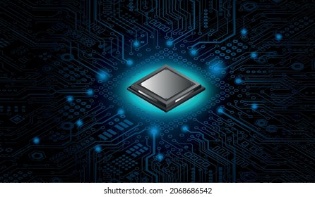 CPU Chip On Motherboard - Abstract 3D Render Of A Computer Processor Chip On A Circuit Board With Microchips And Other Computer Parts