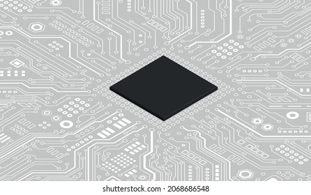 Chip de CPU en la tarjeta madre: representación 3D abstracta de un chip de procesador de computadora en una placa de circuito con microchips y otras piezas de equipo
