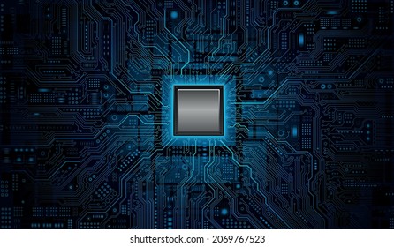 CPU Chip on Motherboard - abstract 2D render of a computer processor chip on a circuit board with microchips and other computer parts