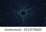 CPU Chip on Motherboard. Central Computer Processors CPU concept. Quantum computer large data processing database concept. Futuristic microchip processor.  AI chip background with circuit light.