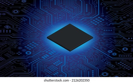 CPU Chip on Motherboard. Central Computer Processors CPU concept. Quantum computer, large data processing, database concept. Futuristic microchip processor. Digital chip.