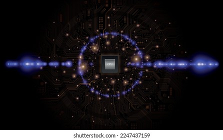 CPU Chip on Motherboard. Central Computer Processors CPU concept. Quantum computer, large data processing, database concept. Futuristic microchip processor. Digital chip.