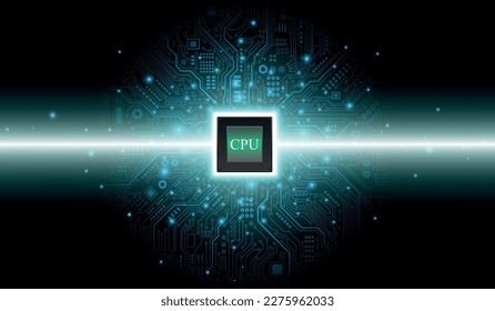 CPU Chip on Motherboard. Central Computer Processors CPU concept. Quantum computer, large data processing, database concept. Futuristic microchip processor. Digital chip.
