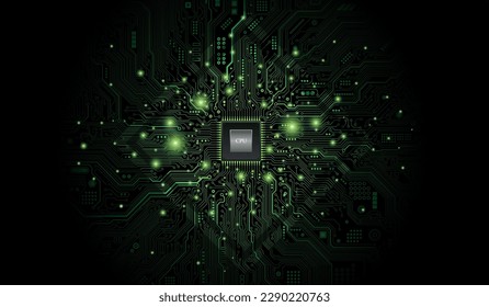 CPU Chip on Motherboard. Central Computer Processors CPU concept. Quantum computer, large data processing, database concept. Futuristic microchip processor. Digital chip.