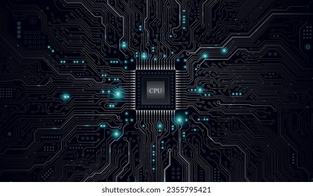 CPU Chip on Motherboard. Central Computer Processors CPU concept. Quantum computer, large data processing, database concept. Futuristic microchip processor. Digital chip.