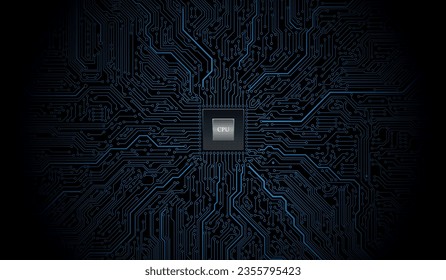 CPU Chip on Motherboard. Central Computer Processors CPU concept. Quantum computer, large data processing, database concept. Futuristic microchip processor. Digital chip.