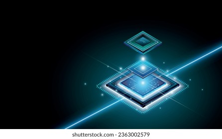 CPU Chip on Motherboard. Central Computer Processors CPU concept. Quantum computer, large data processing, database concept. Futuristic microchip processor. Digital chip.