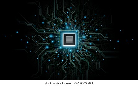 CPU Chip on Motherboard. Central Computer Processors CPU concept. Quantum computer, large data processing, database concept. Futuristic microchip processor. Digital chip.