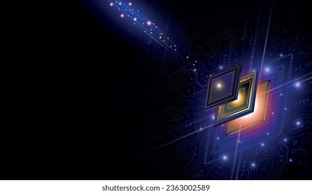 CPU Chip on Motherboard. Central Computer Processors CPU concept. Quantum computer, large data processing, database concept. Futuristic microchip processor. Digital chip.