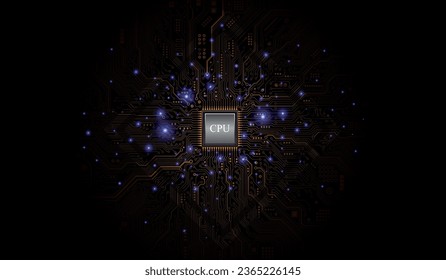 CPU Chip on Motherboard. Central Computer Processors CPU concept. Quantum computer, large data processing, database concept. Futuristic microchip processor. Digital chip.