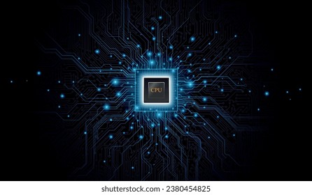 CPU Chip on Motherboard. Central Computer Processors CPU concept. Quantum computer, large data processing, database concept. Futuristic microchip processor. Digital chip.